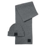 This Grey Metaverse Knit Beanie Hat and Scarf Set by BOSS has the brand name embroidered on a small patch in black.