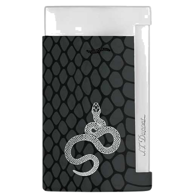 This Dupont lighter comes with a snake print design and features an image of a serpent on the front.