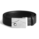 This Montblanc Meisterstück Palladium-Plated Black Leather Belt 35mm has a bark-print design on the black leather strap.