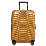 Samsonite's Proxis Spinner Expandable Honey Gold Carry On Case, 55 cm is made out of polypropylene.