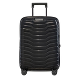 This Samsonite Proxis Spinner Expandable Black Carry On Case, 55 cm has a hard shell exterior and a sleek black surface.