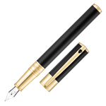 S.T. Dupont's D-Initial Black and Gold Fountain Pen with gold trims and a smooth black barrel.