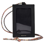 The Black Leather ID and 2CC Card Holder with Signature Stripe Neck Strap has a clear ID window.