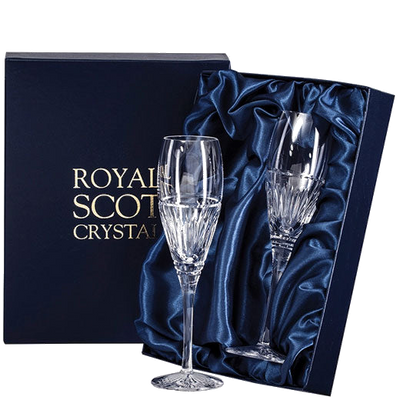 royal scot crystal art deco 2 champagne flutes packaging