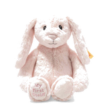 This Rose Pink My First Steiff Hoppie Rabbit measures at 26 cm tall.