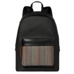 Paul Smith's Signature Stripe Pocket Coated Canvas Backpack has a front zip pocket with the signature stripe print and leather trims in black.