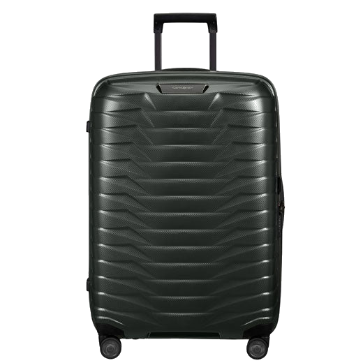 Samsonite's Proxis Matt Climbing Ivy Spinner Suitcase, 75 cm comes in a dark green exterior with a durable hard shell case.