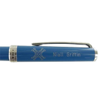 This Montblanc Petrol Blue ballpoint pen comes with a company logo on the front.