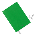 The Montblanc emblem on the front of the fine stationery green A5 notebook.