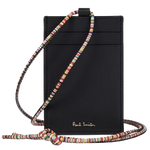 The Black Leather ID and 2CC Card Holder with Signature Stripe Neck Strap by Paul Smith.