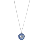 Georg Jensen's Blue Enamel Silver Daisy Pendant is made out of sterling silver and hand poured enamel.