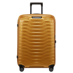 Samsonite's Proxis Honey Gold Spinner Suitcase, 69 cm has a slight sheen on the surface of the hard shell exterior.