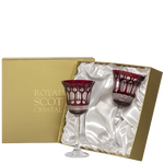 These Royal Scot Crystal Belgravia 2 x 25cl Ruby Red Large Wine Glasses will be presented inside a gold and ivory satin gift box.