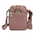 TUMI's Voyageur Mauve Persia Cross Body Bag has a front zip pocket with an internal key leash.