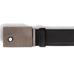 This Montblanc Meisterstück Ruthenium-Plated Black Saffiano Leather Belt has an engraved buckle with the Mont Blanc mountain design and the snowcap embem.