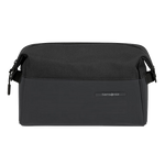 This Samsonite Stackd Toilet Kit Pouch in Black has a small black rubber plaque on the front with the Samsonite brand name.
