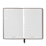 This Montblanc #148 Fine Stationery Extreme 3.0 Lavender Grey Notebook has a black grosgrain ribbon bookmark and silver-edged paper that is lined.