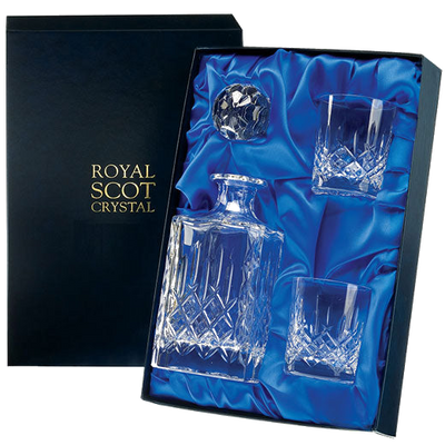 royal scot crystal london square decanter with 2 tumblers packaging