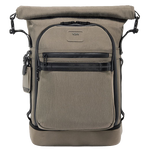 TUMI's Alpha Bravo Brown Ally Roll Top Backpack is crafted out of recycled nylon.