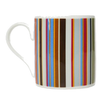 This Signature Stripe Print Bone China Mug by Paul Smith has a red, blue, and brown signature stripe print.