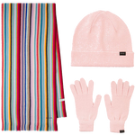 This Women's Stripe Scarf, Pink Gloves & Hat Gift Set is designed by Paul Smith.
