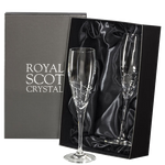 These Royal Scot Crystal Skye 2 x 25cl Champagne Flutes will be presented inside a charcoal gift box.