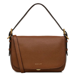 This Radley Graffton Street Saddle Small Flapover Cross Body Bag comes in dark brown cowhide leather with a grained texture.