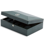 The WOLF 1834 Green Analog/Shift Vintage 8 Piece Watch Box features gold-hardware accents.