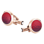 Montblanc's Meisterstück Rose Gold Cufflinks with Red Lacquer have the brand name engraved along the edge.