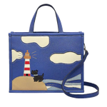 This Radley Shore Thing Yves Blue Medium Multiway Bag has an applique front with the Scottie Dog looking up at the lighthouse.