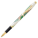 This Wanderlust Borneo Fountain Pen by Cross has rose gold accents with a gold-plated nib that has the Cross engraving on there.