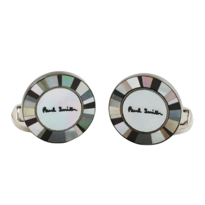 The Circular Mother of Pearl and Onyx Logo Cufflinks by Paul Smith.