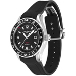Montblanc's 1858 GMT Black Rubber Watch features a triple-folding clasp.