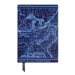 Montblanc's MST #146 Around the World in 80 Days Lined Blue Notebook has a blue grosgrain ribbon and a silver finish around the edges.