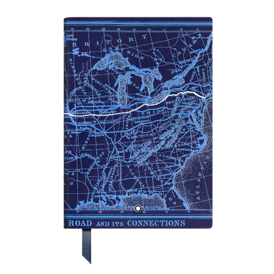 Montblanc's MST #146 Around the World in 80 Days Lined Blue Notebook has a blue grosgrain ribbon and a silver finish around the edges.