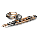 This Great Characters Leonardo Limited Edition 74 Fountain Pen by Montblanc has a skeleton-like barrel and cap in ruthenium and gold, with a white diamond.