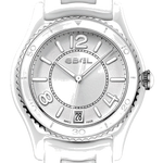 This Ebel watch has a polished white ceramic/stainless steel link bracelet with deployment clasp.