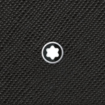 The front of this Montblanc Sartorial Black Leather 3CC Passport Cover has the palladium-plated snowcap emblem.