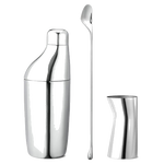 The Georg Jensen Sky stainless steel stirring spoon, jigger shaker set.