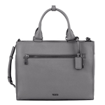 TUMI's Voyageur Pearl Grey Lynn Tote Bag features front zip pocket.