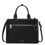 TUMI's Voyageur Black Lynn Tote Bag can be secured via poppers on the side.