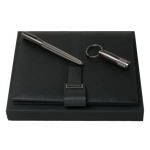 A5 Textured Leather Folder with Rollerball Pen and USB Keyring by Hugo Boss.