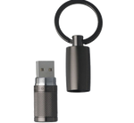 The dark chrome-plated brass USB stick inside the keyring by Hugo Boss.