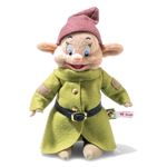 This Disney Snow White & The Seven Dwarfs Dopey by Steiff is made of polyester with a soft plush exterior and felt for the clothing.