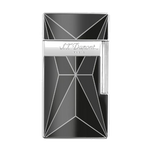 This Biggy Black & Chrome Fire X Lighter by S.T. Dupont has a geometric pattern on the front and back in black lacquer with chrome lines.