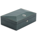 The WOLF 1834 Green Analog/Shift Vintage 8 Piece Watch Box features a push button to open.