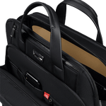 This Urban-Eye Black Briefcase 15.6" by Samsonite has gunmetal hardware with the Samsonite brand name engraved onto the zip pulls and the front plaque.