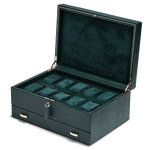 The WOLF 1834 Green British Racing 10 Piece Watch Box with Storage features a USB port for your smartwatch.