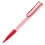 LAMY's Safari Cherry Blossom Rollerball Pen is made out of ABS plastic in a pastel pink with red trims, including the metal clip.