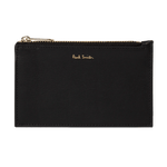 Paul Smith's Black 'Signature Stripe' Leather 4CC Zip Pouch has gold hardware to match the brand name in gold foiling.